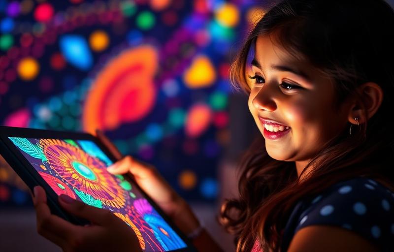 Young girl amazed at colorful AI-generated artwork on her tablet