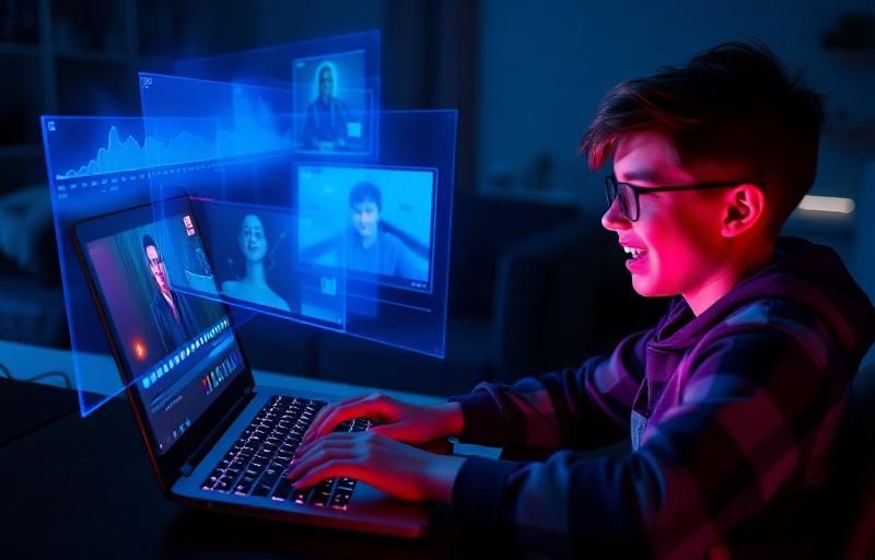 Excited boy editing video on laptop with floating holographic timeline