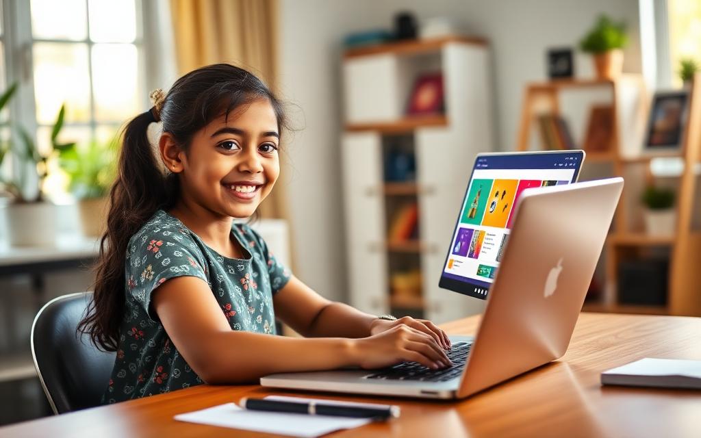 Confident girl pointing at a glowing website she built on screen