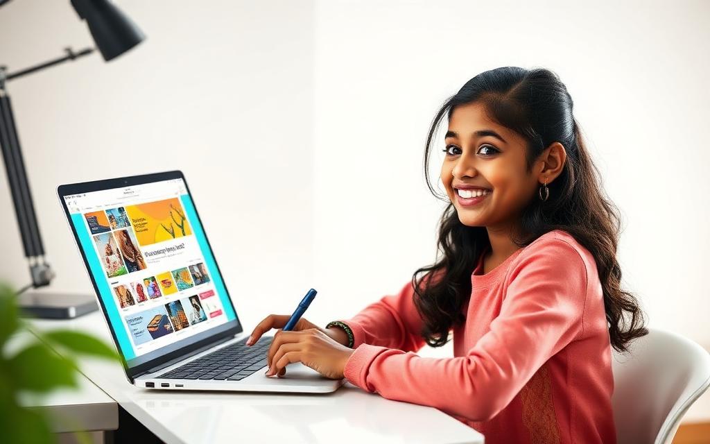 Young boy surrounded by floating Canva design elements and stickers