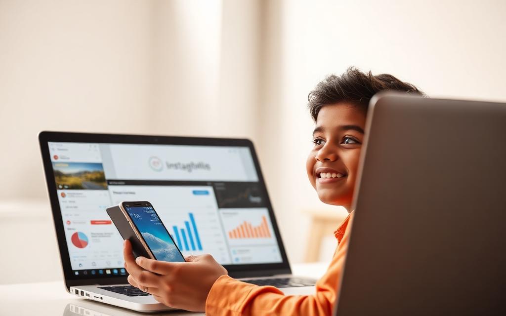 Kid with rocket launching out of phone showing social media growth