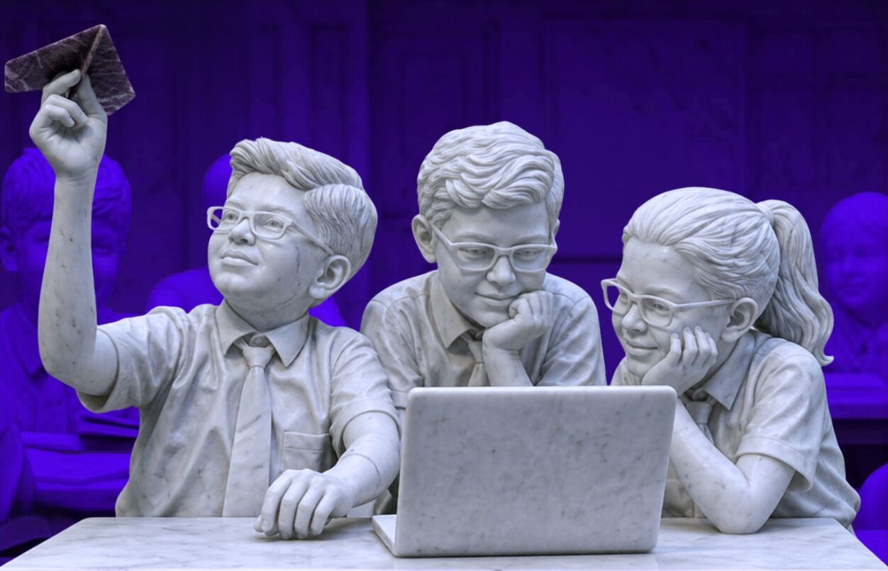 Two happy kids learning AI and digital skills on a laptop